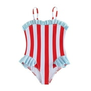 Kids Girls Summer Independence Day Striped Design 1 Piece Swimwear Children Swimsuit Bikini Versatile Toddler Beachwear, Red, 6-7 Years